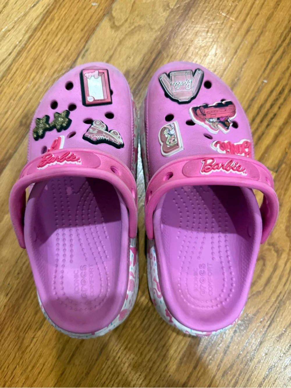 Kids Pink Clog Shoes with Decorative Charms Barbie Crocs J1